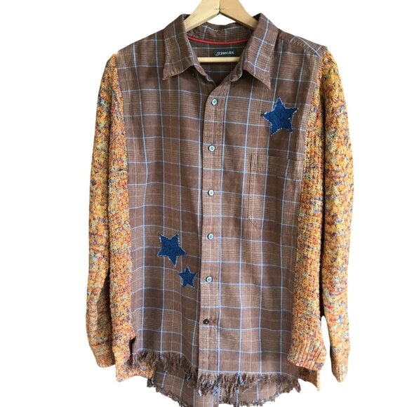 Upcycled Autumn Flannel Shirt, Sweater Sleeves, L: Plaid Button-Down Jacket - Picture 1 of 10